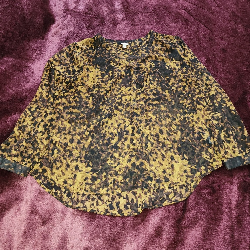 Merona Women's XXL Brown Black Animal Print Sheer Blouse Long Sleeve V-Neck Y2K